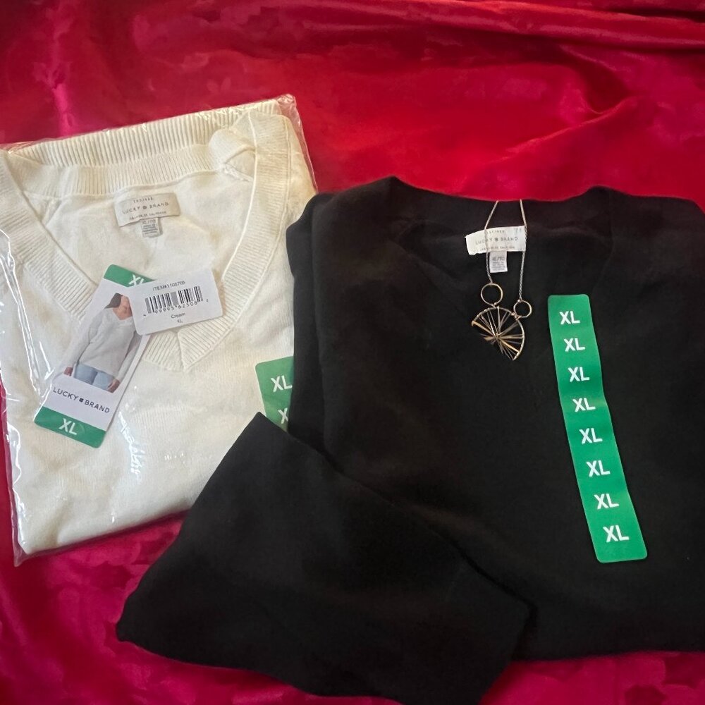 Two (2) Lucky Brand soft v-neck sweaters (necklace in photo not included).